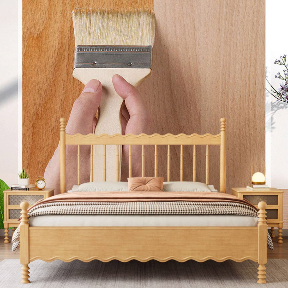 Elegant Natural Light Brown Solid Wood Bed - Premium Rubber Wood & Pine Construction fcf-310