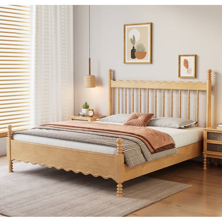 Elegant Natural Light Brown Solid Wood Bed - Premium Rubber Wood & Pine Construction fcf-310