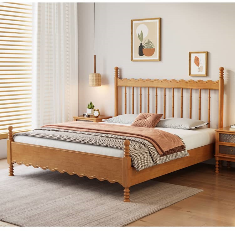 Elegant Natural Light Brown Solid Wood Bed - Premium Rubber Wood & Pine Construction fcf-310