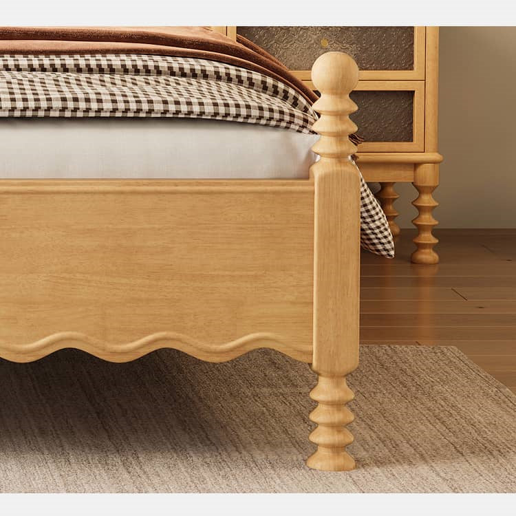 Elegant Natural Light Brown Solid Wood Bed - Premium Rubber Wood & Pine Construction fcf-310