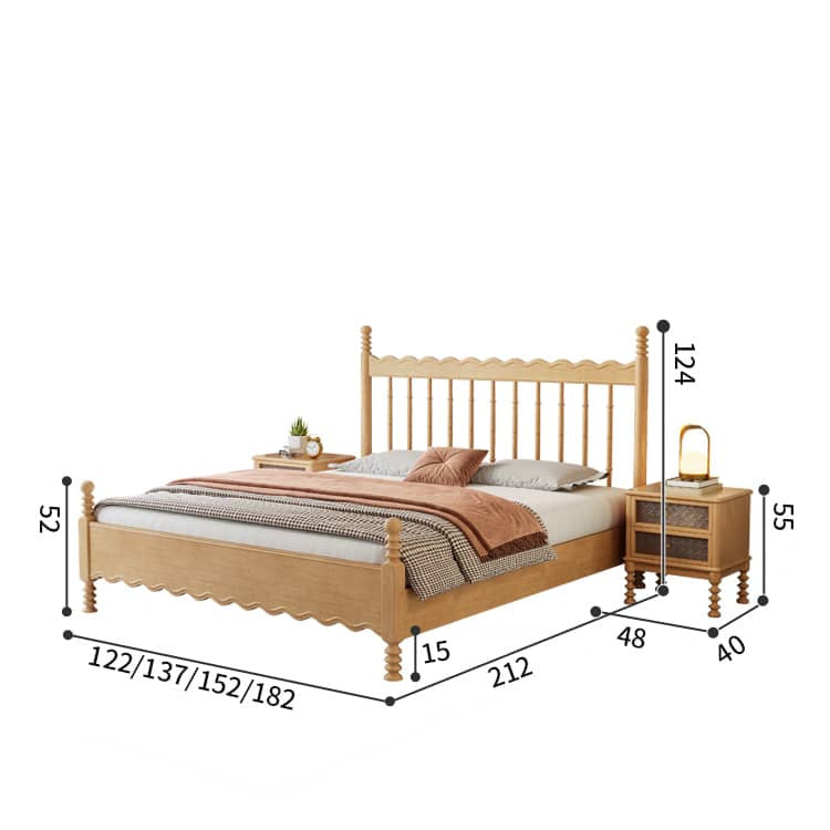 Elegant Natural Light Brown Solid Wood Bed - Premium Rubber Wood & Pine Construction fcf-310