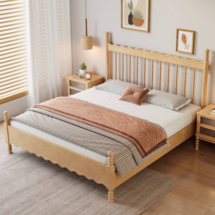 Elegant Natural Light Brown Solid Wood Bed - Premium Rubber Wood & Pine Construction fcf-310