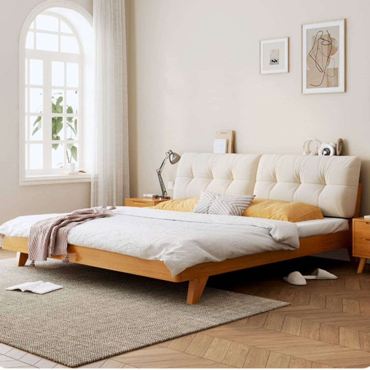 Elegant Solid Wood Bed Frame with Beige & Natural Brown Finish - Pine & Rubber Wood Construction fcf-313