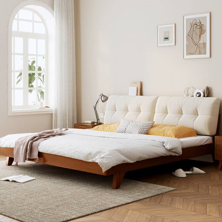 Elegant Solid Wood Bed Frame with Beige & Natural Brown Finish - Pine & Rubber Wood Construction fcf-313