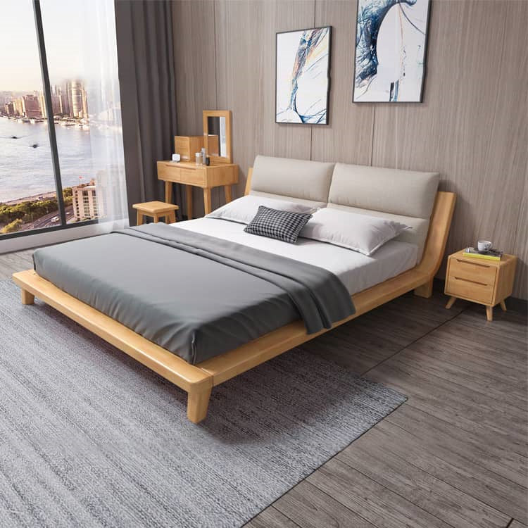 Rustic Solid Wood Bed with Gray Cotton-Linen Upholstery fcf-314