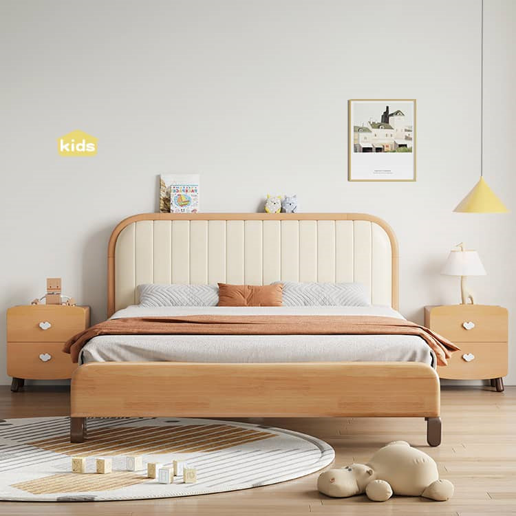 Natural Wood Bed Frame with Beige Faux Leather - Pine & Zelkova Construction fcf-315