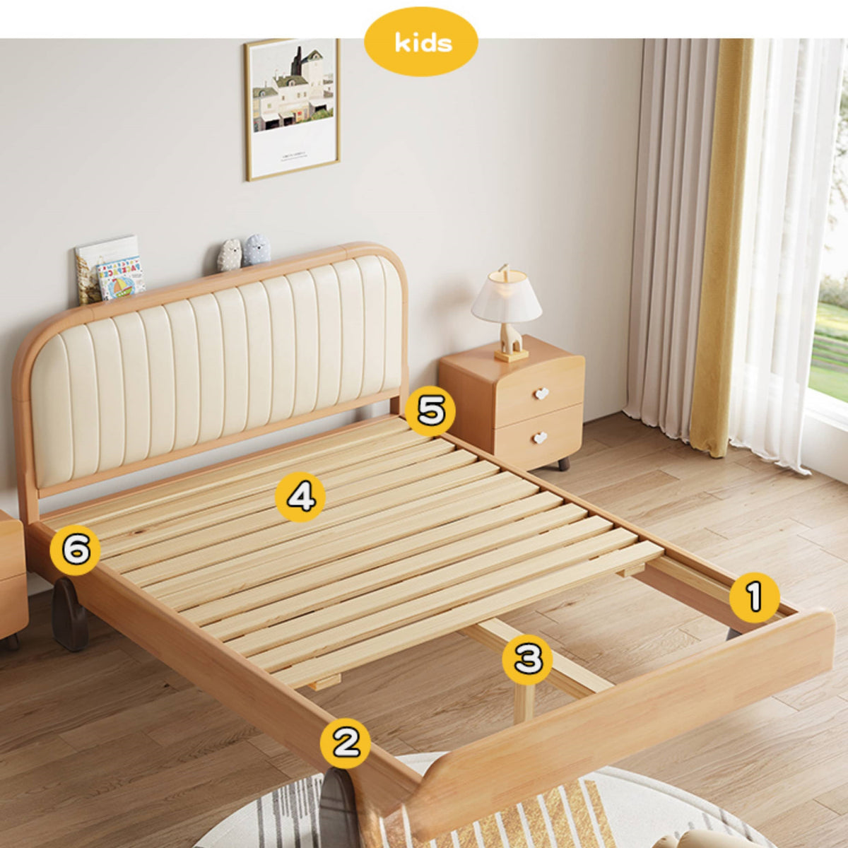 Natural Wood Bed Frame with Beige Faux Leather - Pine & Zelkova Construction fcf-315