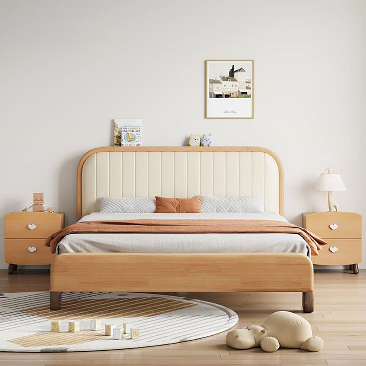 Natural Wood Bed Frame with Beige Faux Leather - Pine & Zelkova Construction fcf-315