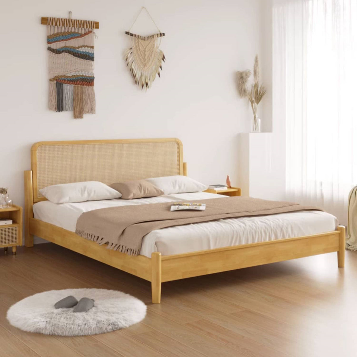 Elegant Natural Brown Solid Wood Bed with Rattan Headboard - Durable Pine and Rubber Wood Frame fcf-317