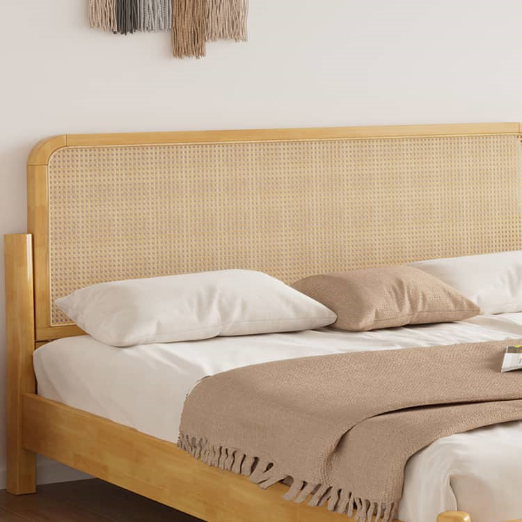 Elegant Natural Brown Solid Wood Bed with Rattan Headboard - Durable Pine and Rubber Wood Frame fcf-317