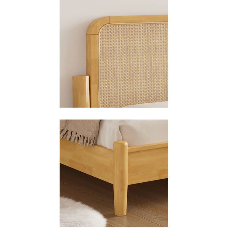 Elegant Natural Brown Solid Wood Bed with Rattan Headboard - Durable Pine and Rubber Wood Frame fcf-317