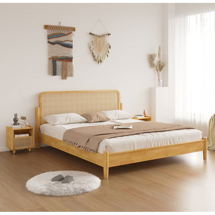 Elegant Natural Brown Solid Wood Bed with Rattan Headboard - Durable Pine and Rubber Wood Frame fcf-317