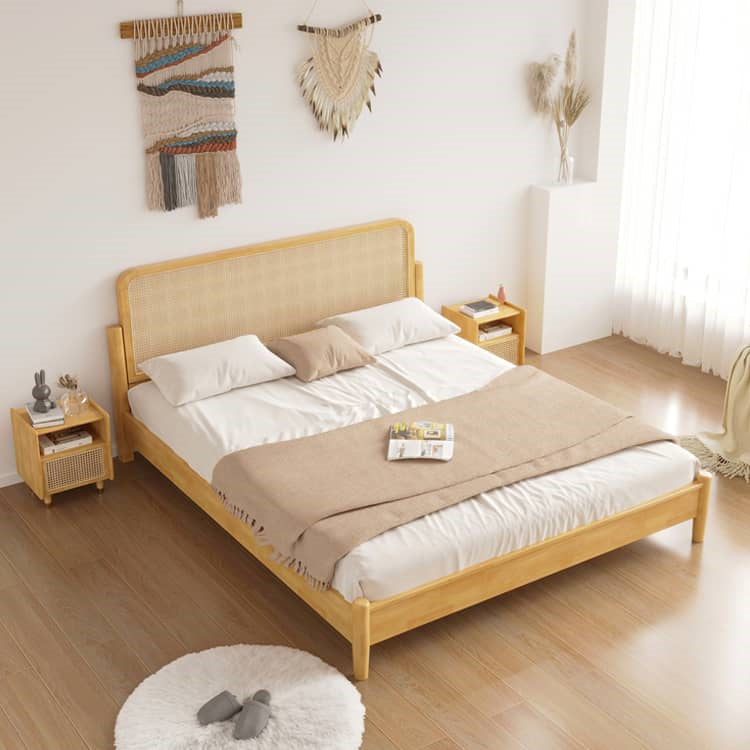 Elegant Natural Brown Solid Wood Bed with Rattan Headboard - Durable Pine and Rubber Wood Frame fcf-317