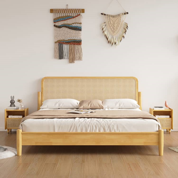 Elegant Natural Brown Solid Wood Bed with Rattan Headboard - Durable Pine and Rubber Wood Frame fcf-317
