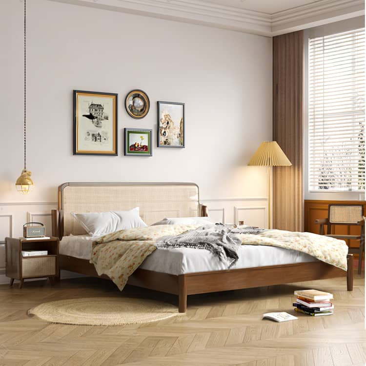 Elegant Natural Brown Solid Wood Bed with Rattan Headboard - Durable Pine and Rubber Wood Frame fcf-317