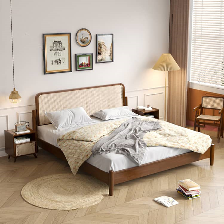 Elegant Natural Brown Solid Wood Bed with Rattan Headboard - Durable Pine and Rubber Wood Frame fcf-317