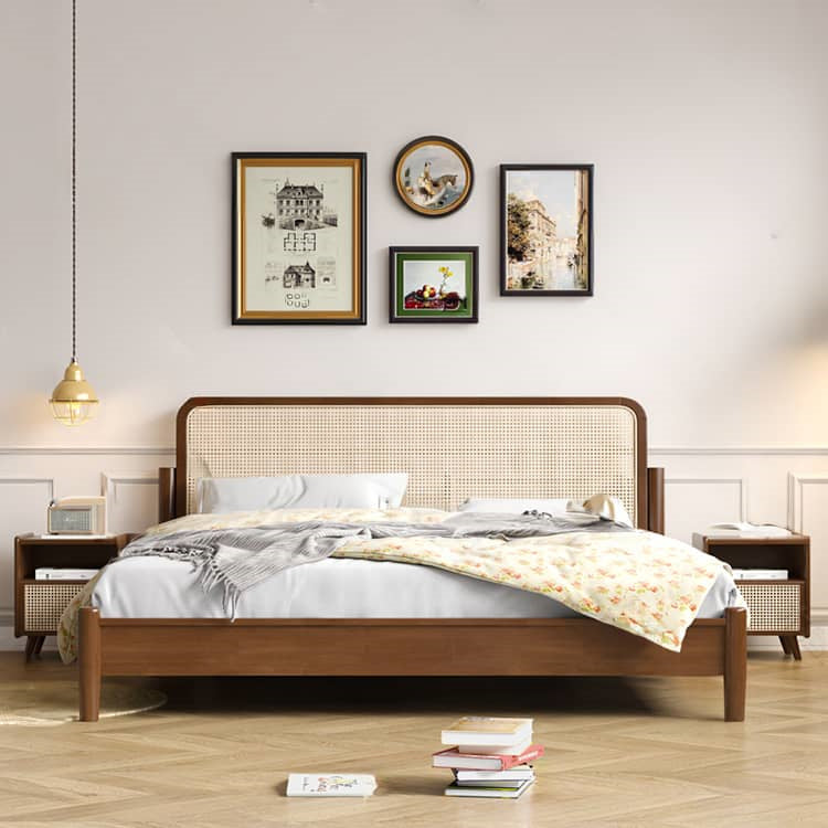 Elegant Natural Brown Solid Wood Bed with Rattan Headboard - Durable Pine and Rubber Wood Frame fcf-317