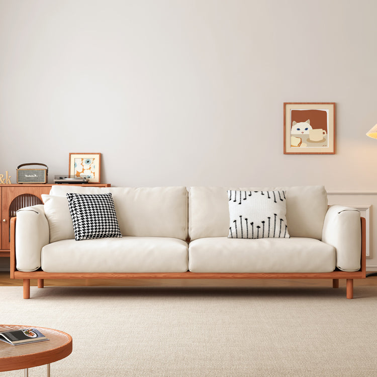 Modern Beige Gray Sofa with Light Brown and Blue Accents Featuring Green Cotton Cushions | Cherry Wood & Ash Wood Frame fcp-1280