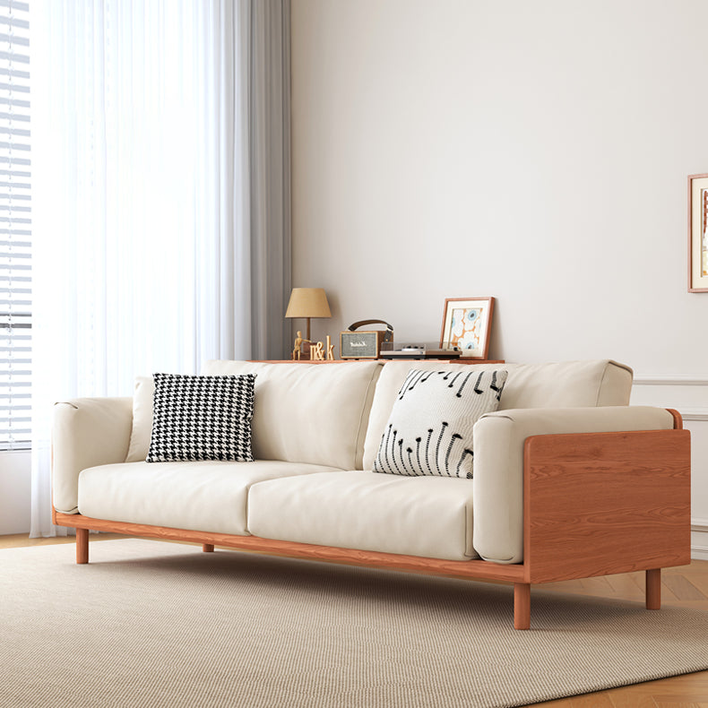 Modern Beige Gray Sofa with Light Brown and Blue Accents Featuring Green Cotton Cushions | Cherry Wood & Ash Wood Frame fcp-1280