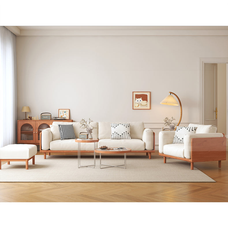 Modern Beige Gray Sofa with Light Brown and Blue Accents Featuring Green Cotton Cushions | Cherry Wood & Ash Wood Frame fcp-1280