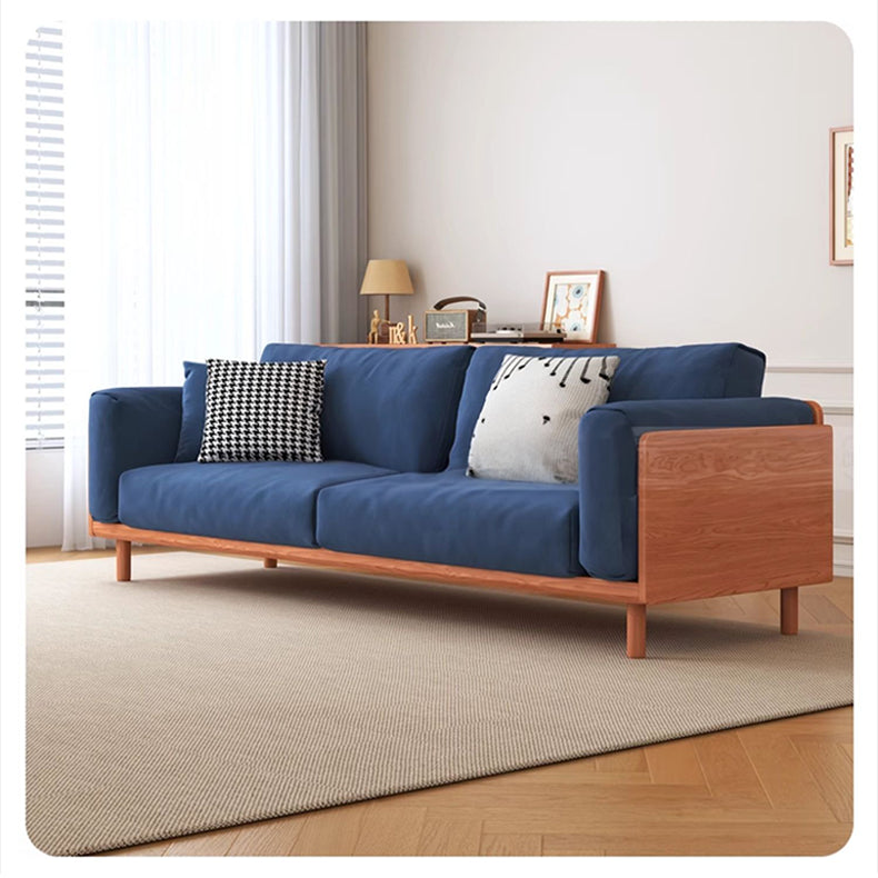 Modern Beige Gray Sofa with Light Brown and Blue Accents Featuring Green Cotton Cushions | Cherry Wood & Ash Wood Frame fcp-1280