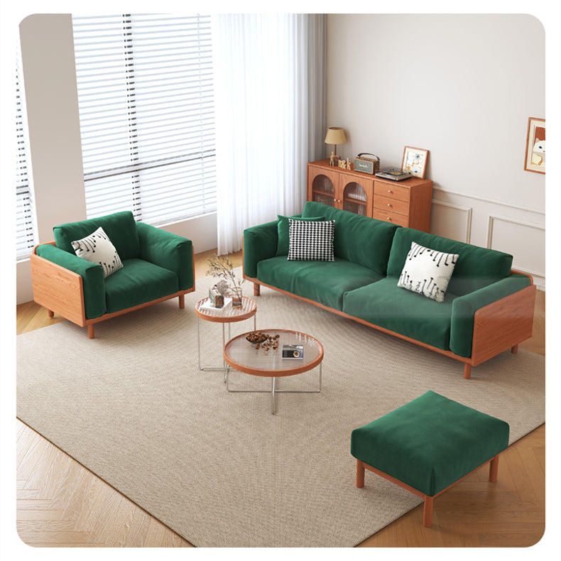 Modern Beige Gray Sofa with Light Brown and Blue Accents Featuring Green Cotton Cushions | Cherry Wood & Ash Wood Frame fcp-1280