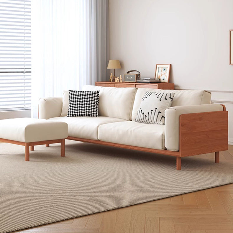 Modern Beige Gray Sofa with Light Brown and Blue Accents Featuring Green Cotton Cushions | Cherry Wood & Ash Wood Frame fcp-1280