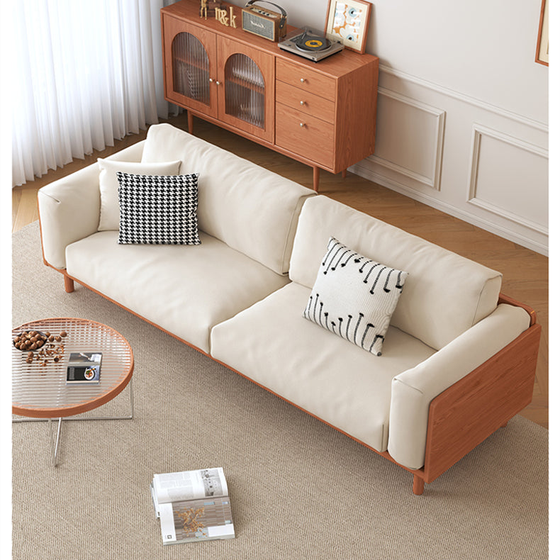 Modern Beige Gray Sofa with Light Brown and Blue Accents Featuring Green Cotton Cushions | Cherry Wood & Ash Wood Frame fcp-1280