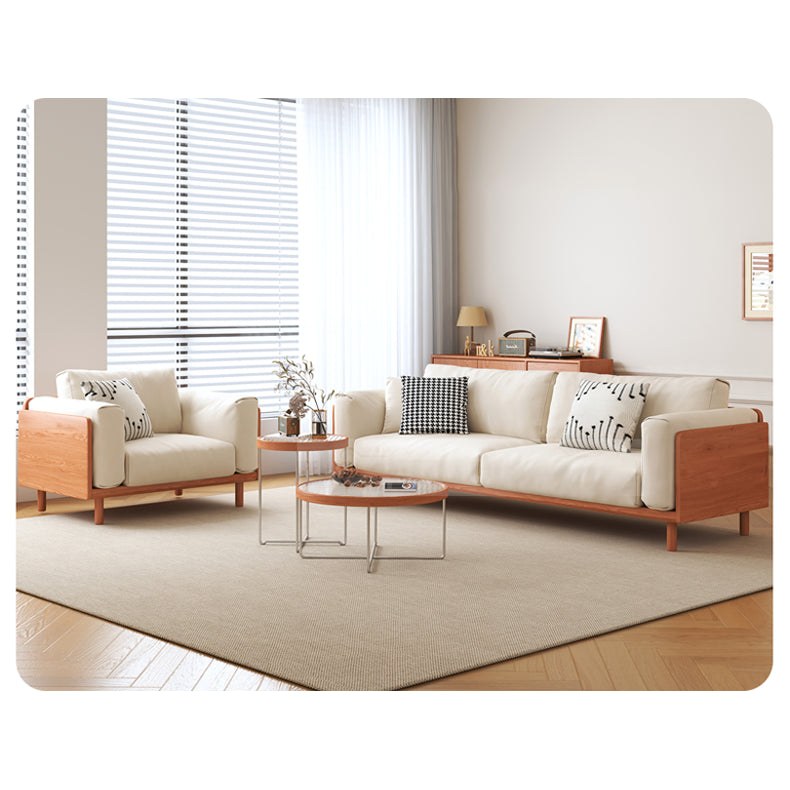 Modern Beige Gray Sofa with Light Brown and Blue Accents Featuring Green Cotton Cushions | Cherry Wood & Ash Wood Frame fcp-1280