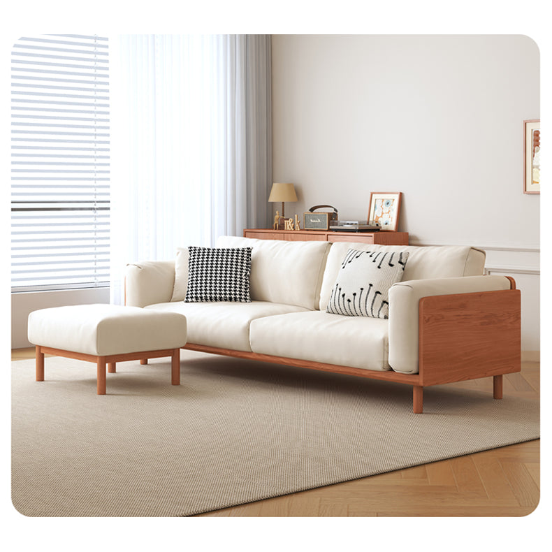 Modern Beige Gray Sofa with Light Brown and Blue Accents Featuring Green Cotton Cushions | Cherry Wood & Ash Wood Frame fcp-1280