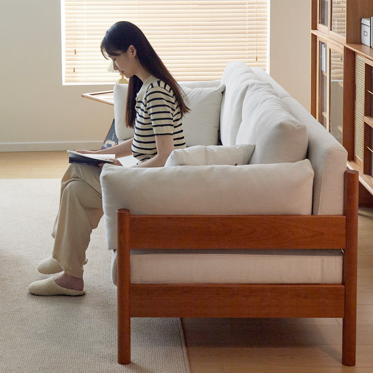 Stylish Beige & Green Corduroy Sofa with Light Brown and Gray Accents - Cherry Wood Frame fcp-1281