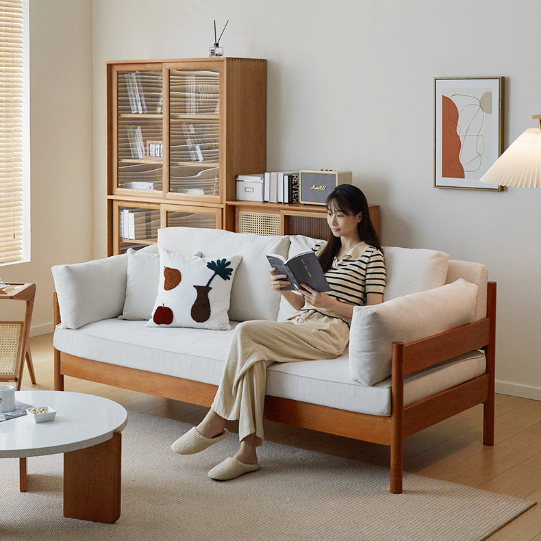 Stylish Beige & Green Corduroy Sofa with Light Brown and Gray Accents - Cherry Wood Frame fcp-1281