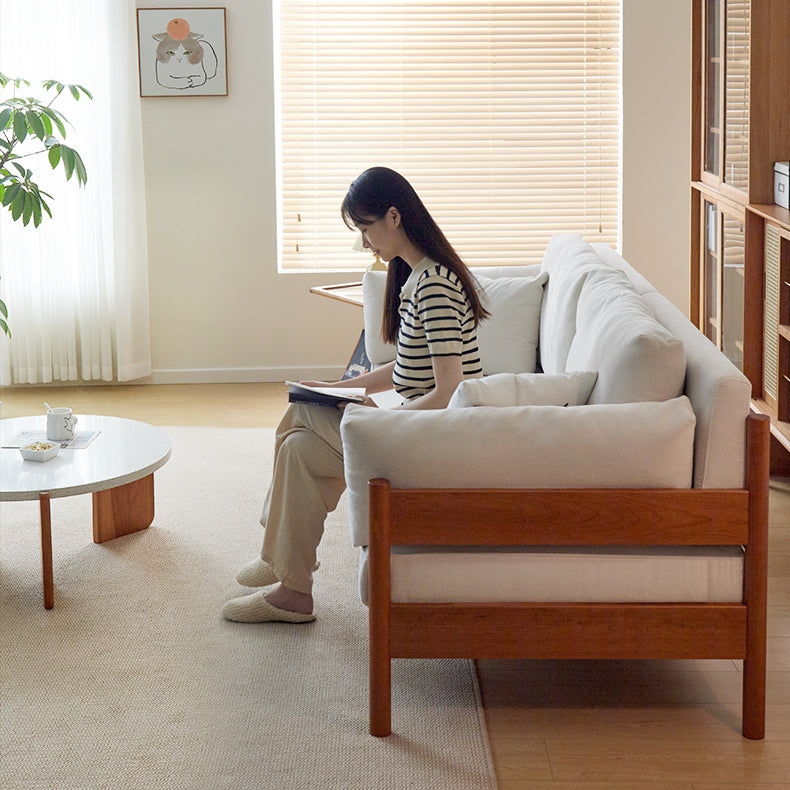 Stylish Beige & Green Corduroy Sofa with Light Brown and Gray Accents - Cherry Wood Frame fcp-1281