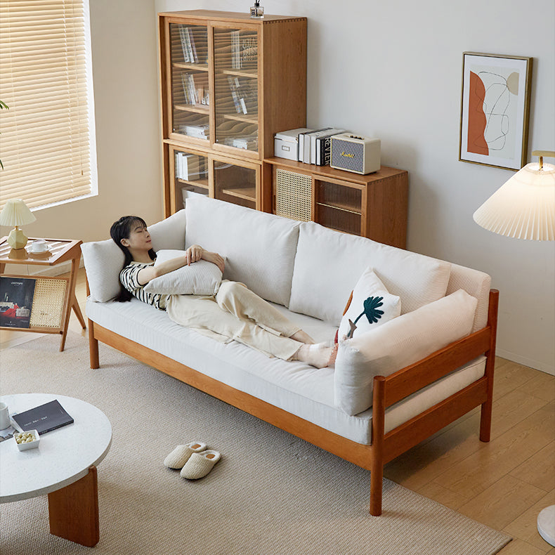 Stylish Beige & Green Corduroy Sofa with Light Brown and Gray Accents - Cherry Wood Frame fcp-1281