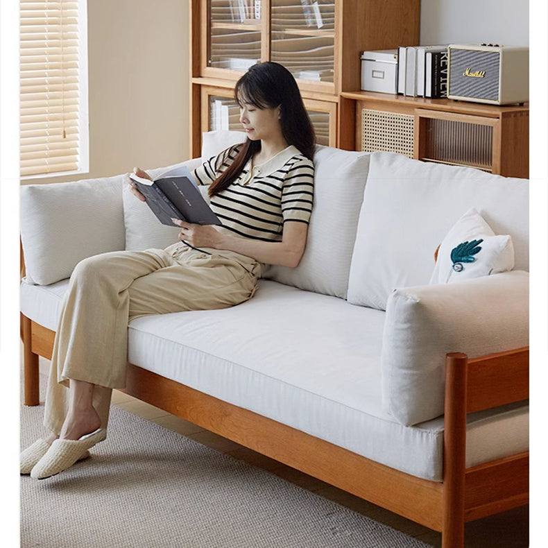 Stylish Beige & Green Corduroy Sofa with Light Brown and Gray Accents - Cherry Wood Frame fcp-1281