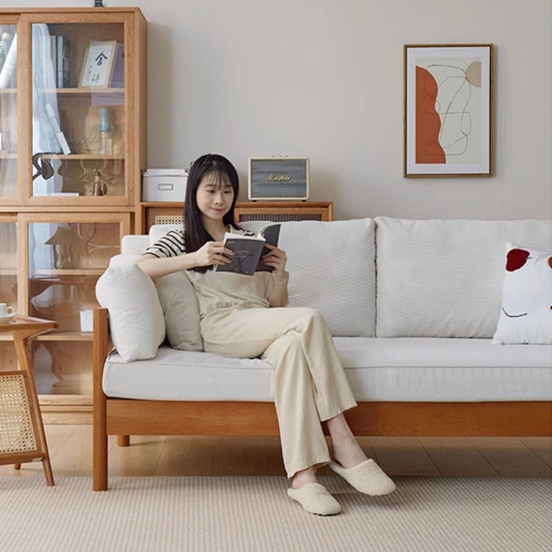 Stylish Beige & Green Corduroy Sofa with Light Brown and Gray Accents - Cherry Wood Frame fcp-1281