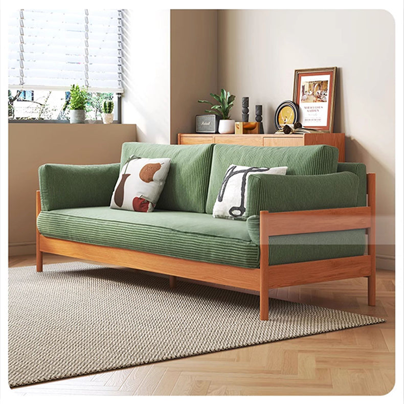 Stylish Beige & Green Corduroy Sofa with Light Brown and Gray Accents - Cherry Wood Frame fcp-1281