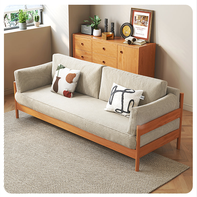 Stylish Beige & Green Corduroy Sofa with Light Brown and Gray Accents - Cherry Wood Frame fcp-1281