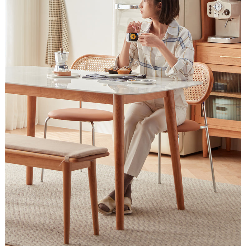 Elegant White & Gray Sintered Stone Table with Cherry Wood Finish - Modern Design fcp-1282