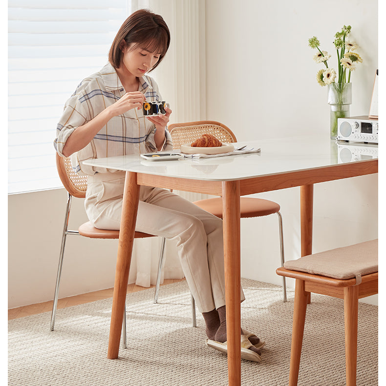 Elegant White & Gray Sintered Stone Table with Cherry Wood Finish - Modern Design fcp-1282