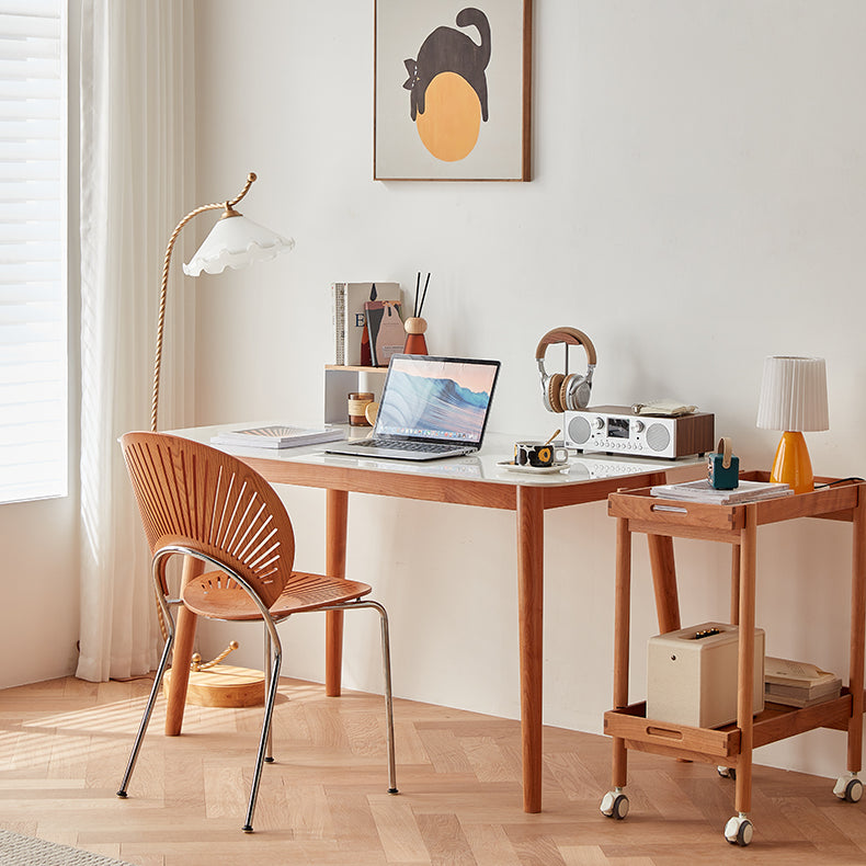 Elegant White & Gray Sintered Stone Table with Cherry Wood Finish - Modern Design fcp-1282