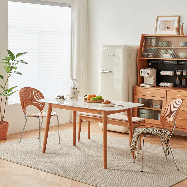 Elegant White & Gray Sintered Stone Table with Cherry Wood Finish - Modern Design fcp-1282