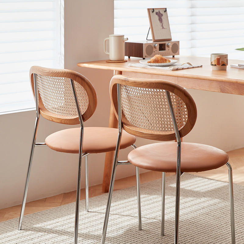 Stylish Light Brown Ash Wood Chair with Rattan Back and Faux Leather Seat fcp-1283