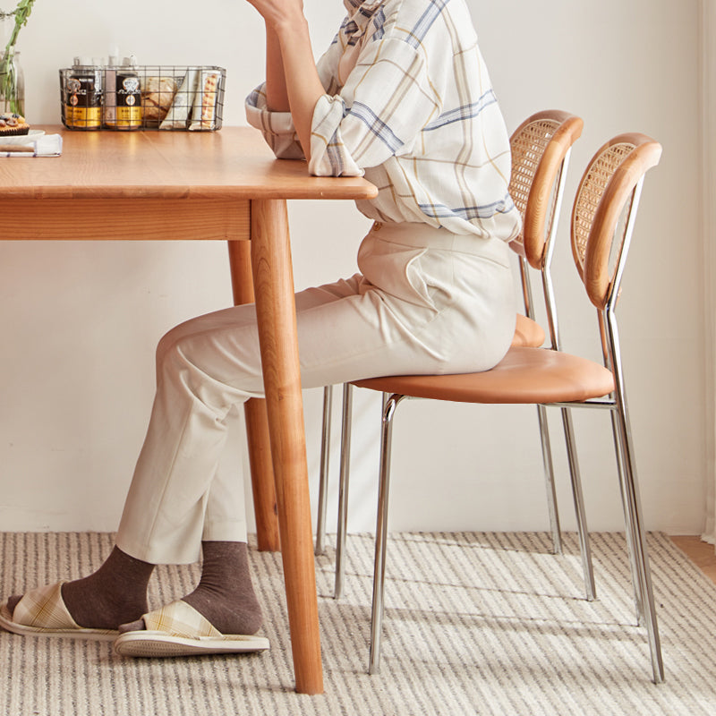 Stylish Light Brown Ash Wood Chair with Rattan Back and Faux Leather Seat fcp-1283