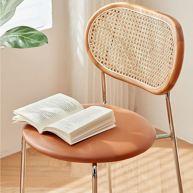Stylish Light Brown Ash Wood Chair with Rattan Back and Faux Leather Seat fcp-1283