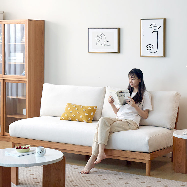 Luxurious White & Gray Sofa with Cotton-Linen Blend and Cherry Wood Accents fcp-1287