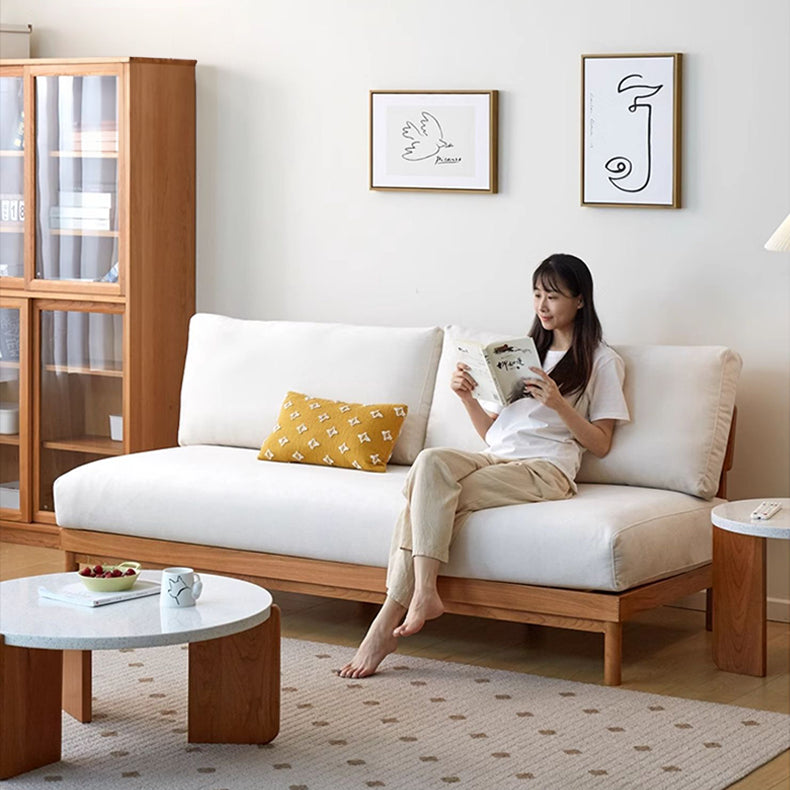 Luxurious White & Gray Sofa with Cotton-Linen Blend and Cherry Wood Accents fcp-1287