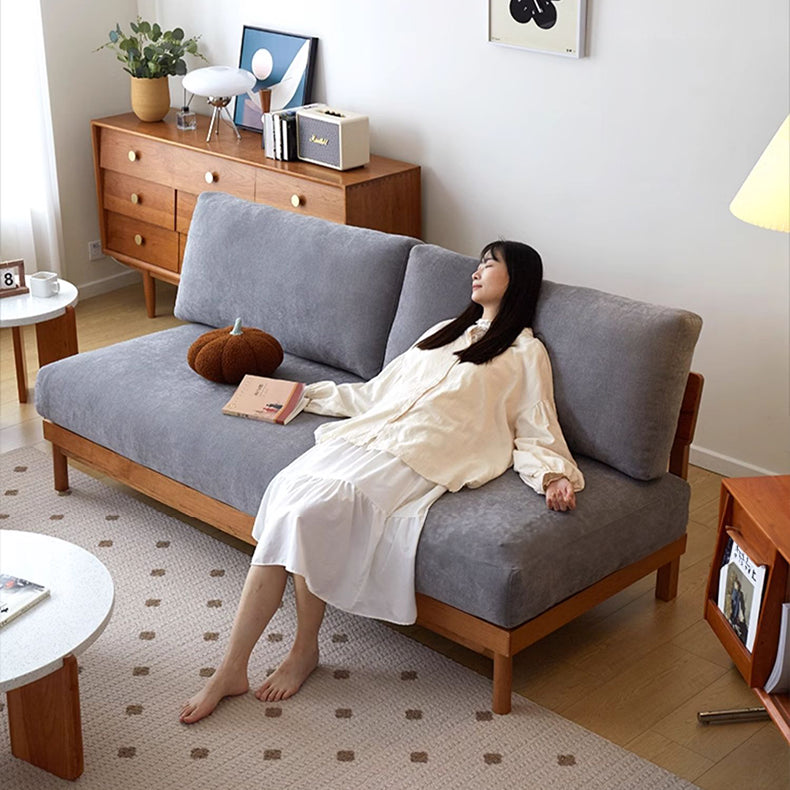 Luxurious White & Gray Sofa with Cotton-Linen Blend and Cherry Wood Accents fcp-1287