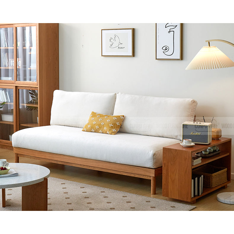 Luxurious White & Gray Sofa with Cotton-Linen Blend and Cherry Wood Accents fcp-1287