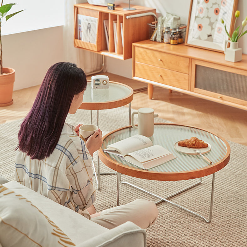 Elegant Cherry Wood & Glass Tea Table - Stylish Natural Finish for Modern Living Rooms fcp-1290